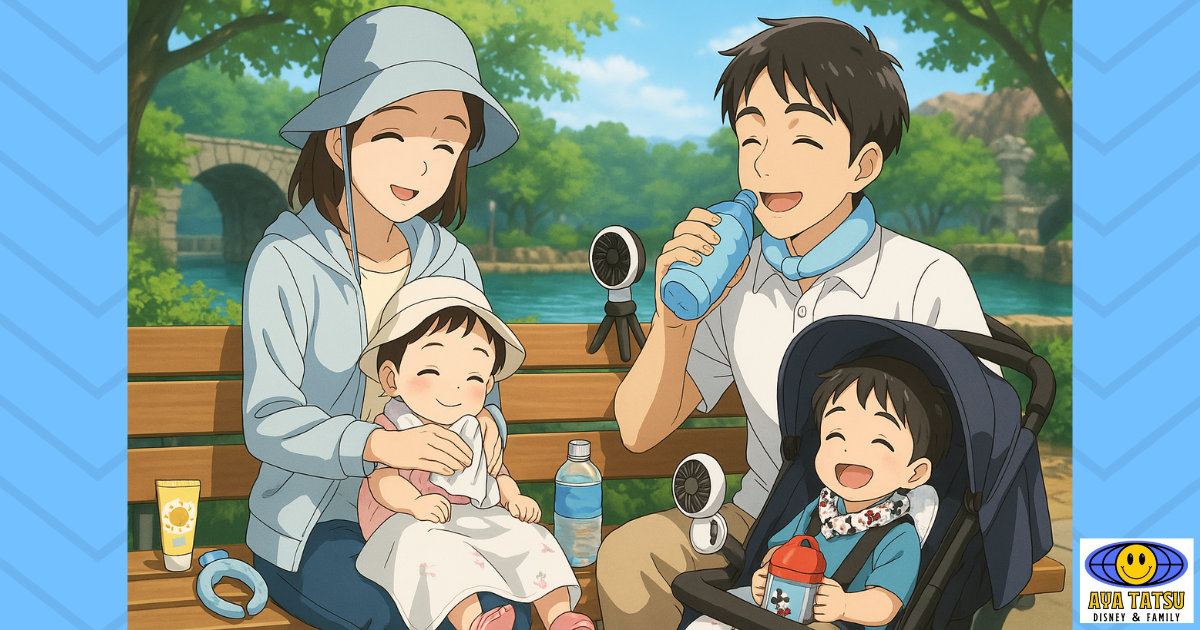 夏ディズニーでの暑さ対策イメージ(あやたつファミリー)