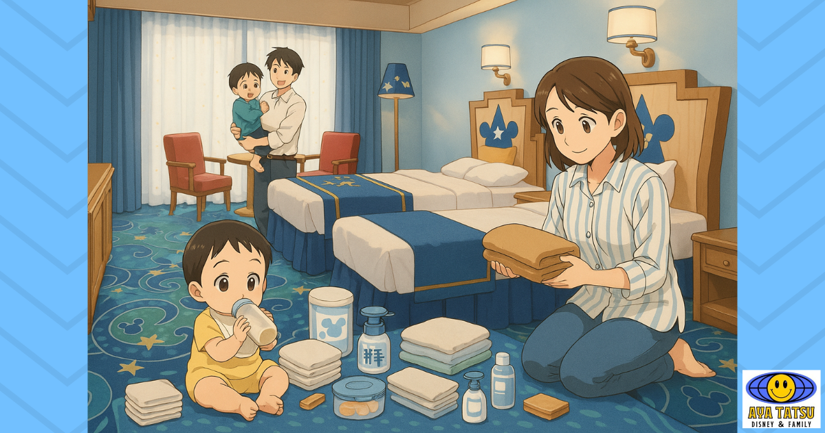 宿泊ディズニー準備中の家族のイラスト