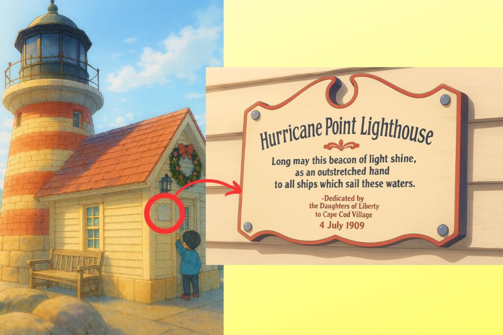 東京ディズニーシー・ケープコッドの灯台にある記念プレートの拡大画像。Hurricane Point Lighthouse の名前と設立の背景が英語で刻まれている。
