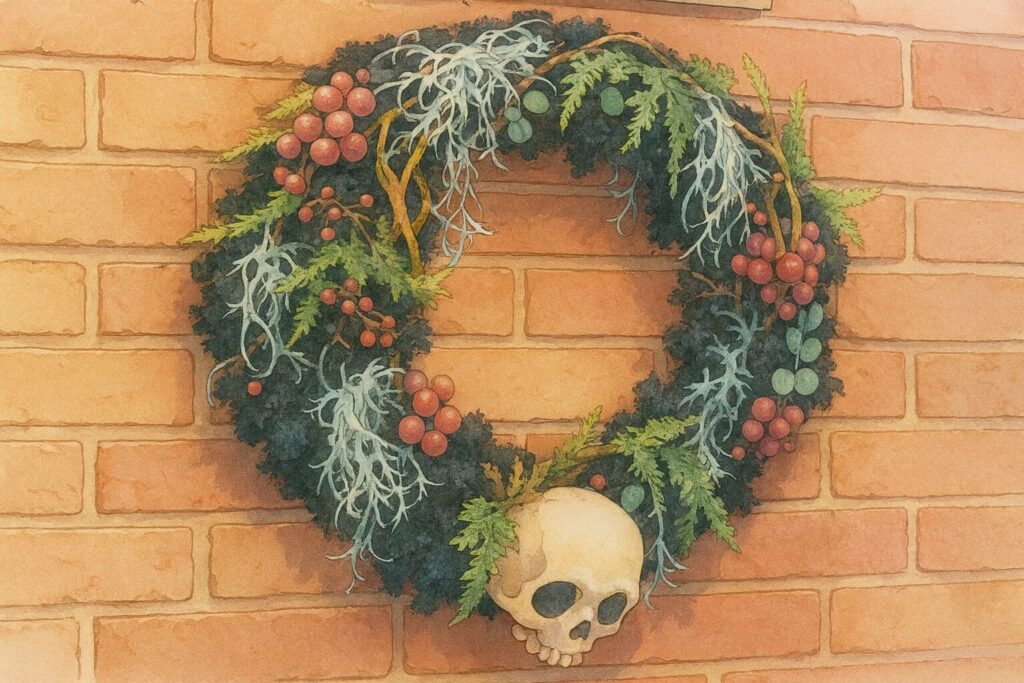 骨のリース。ハロウィーンの素材で作るジャック流クリスマス